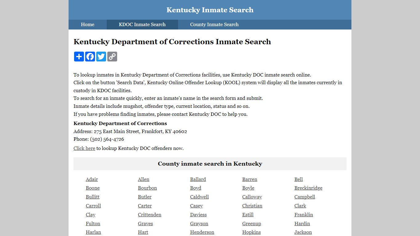 Kentucky Department of Corrections Inmate Search